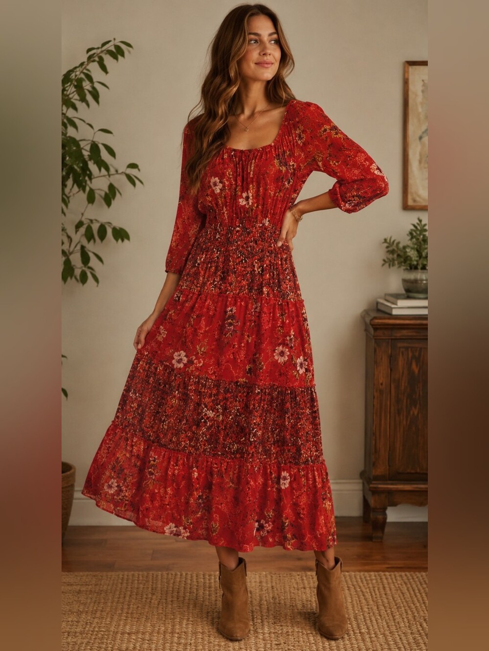 Fig and Flower By Anthropologie  3/4 sleeve lace floral maxi dress, size M